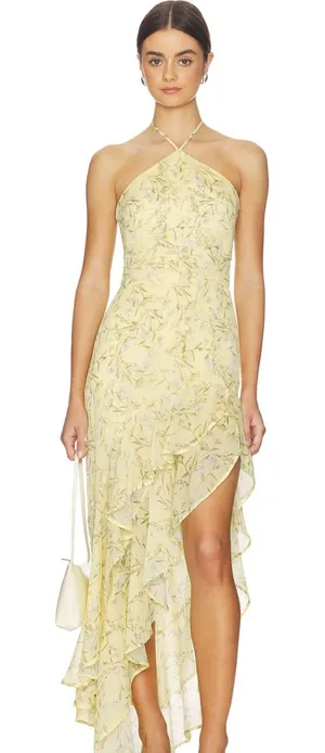 Amanda Uprichard Halter Ruffle High-Low Midi Dress in Pale Yellow thumbnail 1