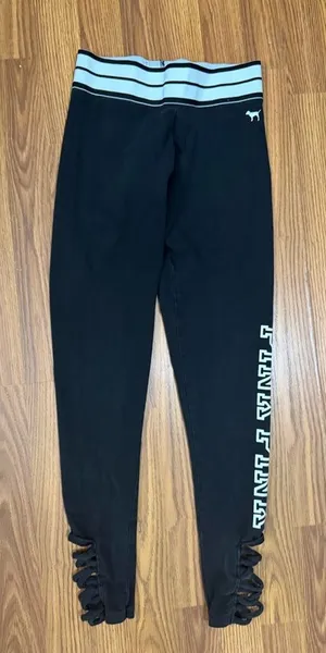 VS PINK black leggings white striped fold-over waist strappy ankle detail small thumbnail 1