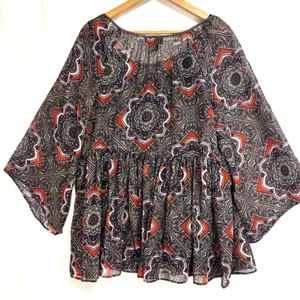 AB Studio Floral‎ Paisley Sheer Blouse Women's Large Boho Flared Hippie Babydoll thumbnail 2