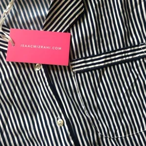 Isaac Mizrahi Navy Pinstripe 2Pc Pajama Set Sz Small Shorts Button Down SS Top thumbnail 6