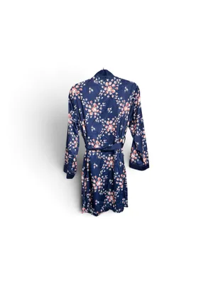 Morgan Lane Navy Blue Floral Satin Robe with Pink Blossoms thumbnail 4