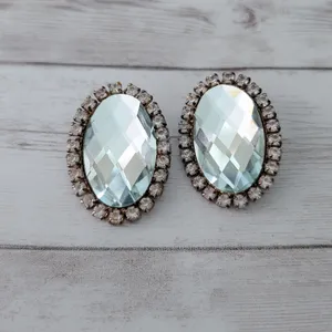 Vintage Clip On Earrings Extra Large Clear Gem Oval with Halo 1 & 5/8" thumbnail 2