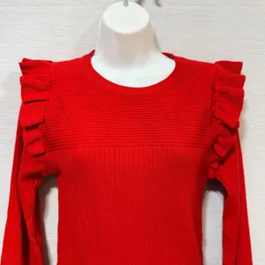 Shop The Mint Red Ruffle Shoulder Ribbed Knit Balloon Sleeve‎ Sweater Medium thumbnail 4