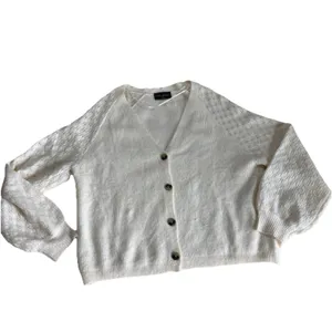 Lane Bryant V Neck Cardigan Pointelle Balloon Sleeve 14/16 1X Cream Twee Coquett thumbnail 8