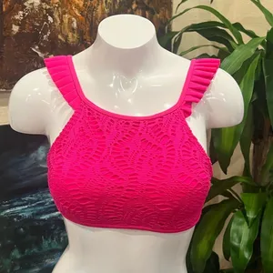 Aerie Hot Pink Crochet Lace High Neck Bikini Top with Ruffle Straps - Size M/M thumbnail 3