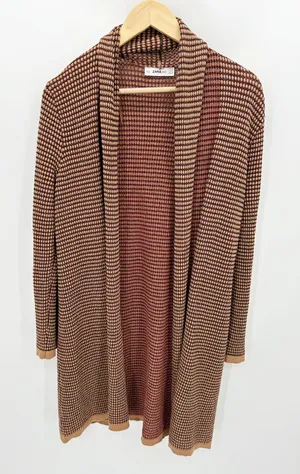 Zara Sweater Women XL Tan Black Red Long Sleeve‎ Open Front Knit Cardigan thumbnail 1