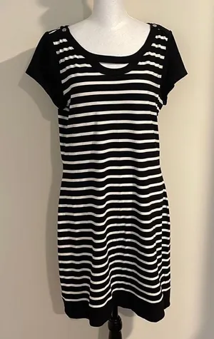 White House Black Market Women's Shift‎ Dress Keyhole Striped Black White Large thumbnail 1