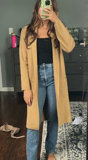 Tan Open Front Knit Long Cardigan thumbnail 1