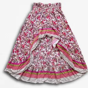 BTFBM Womens Floral High‎ Low Maxi Skirt Pink Green Smocked Waist Boho Size L thumbnail 1
