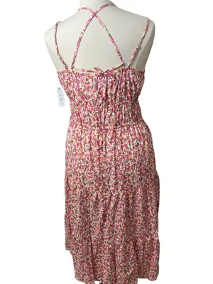 Feminine Time and Tru Pink Floral Spaghetti-Strap Cross Back Midi Tier Sundress thumbnail 4