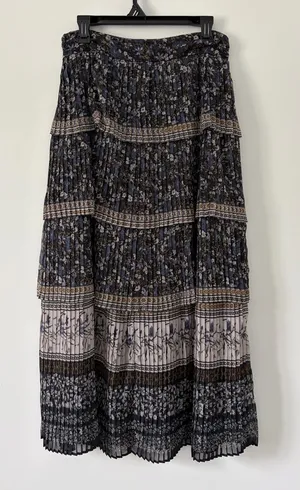Antonio Melani Gwyneth Floral Tiered Printed Pleated Boho Blue Tan Maxi Skirt thumbnail 1