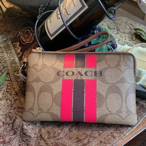 Authentic COACH Signature Coated canvas/stripes zip top card wristlet thumbnail 3