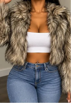Gray & Brown Faux Fur Cropped Jacket 🤎✨ thumbnail 1