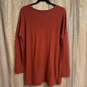 Zenana Burnt Orange Waffle Knit Long Relaxed V Neck Tunic Top Med/Large thumbnail 2
