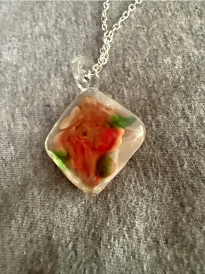 Glass Pendant Necklace with Peach Floral Accent thumbnail 4