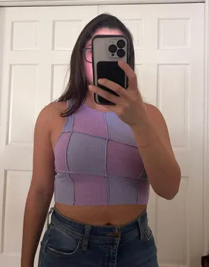 Checkered Colorblock Raw Edge Crop Top thumbnail 2