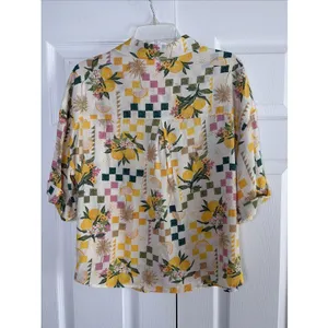 Bunulu Lemon Fruit Print Button Down Shirt Womens Size L Yellow Tropical Rayon thumbnail 5