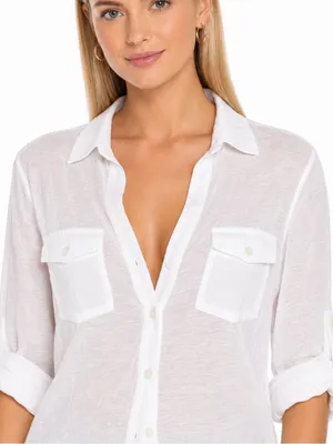 a.n.a White Button Down High Low Roll Tab Sleeve Utility Blouse Shirt Small thumbnail 5