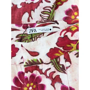 ZARA Womens Pants Red Floral Wide Leg Linen Blend Pleated Trouser Boho Small thumbnail 4