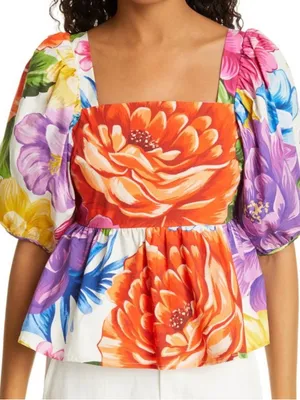 Farm Rio Boho Rainbow Chita Empire-Waist puff Sleeve Blouse Size Small thumbnail 1