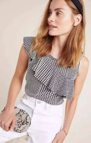Anthropologie Dolan Medium Left Coast Callan Ruffled‎ Houndstooth Top Sleeveless thumbnail 1
