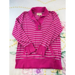 Banana Republic Pink White Striped Shawl Collar‎ Pullover Sweatshirt Women L thumbnail 2
