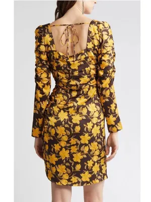 NWOT Floret Studios Brown and Yellow Floral Shirred Long Sleeve Mini Dress Sz L thumbnail 3