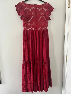 NWT Red Lace Tiered Maxi Dress 14 Flutter Sleeve Romantic Cottagecore Wedding thumbnail 5
