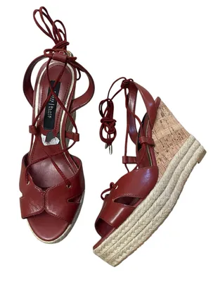 White House Black Market Red Leather Tie -Up Espadrille Cork Wedge Sandals thumbnail 1