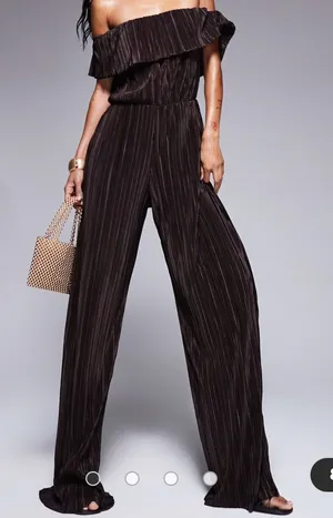 ASOS DESIGN plisse bardot wide leg jumpsuit in chocolate Medium thumbnail 1