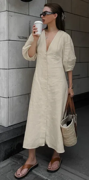 Commence Cotton & Linen Button-Front Knotted Long Dress size XS thumbnail 1