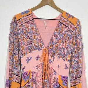 Free People Mixin' It Up Mini Dress XS Pink Orange Paisley V-Neck Boho Hippie thumbnail 5