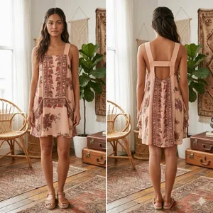 Free People‎ Mini Slip Dress XS Tunic Peach Floral Border Print Open Back Boho thumbnail 2