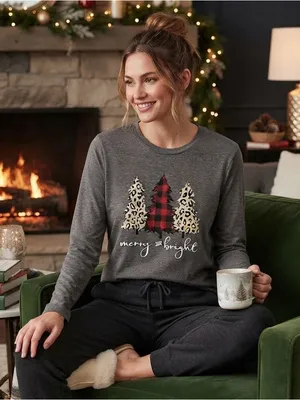 Christmas Long Sleeve Top with Red Buffalo Plaid & Leopard Tree Graphic thumbnail 1
