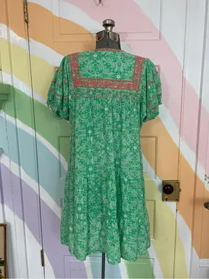 Sister Mary Green Paisley Embroidered Tiered Cotton Mini Boho Dress Sz S 🧡🎀 thumbnail 5