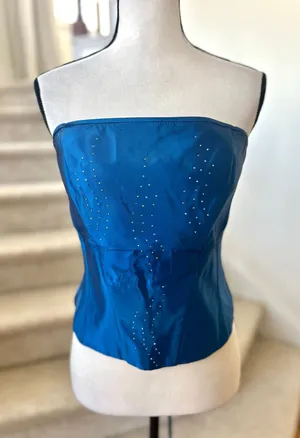 Vintage Y2K Scott McClintock Blue Satin Rhinestone Bedazzled Strapless Corset thumbnail 1