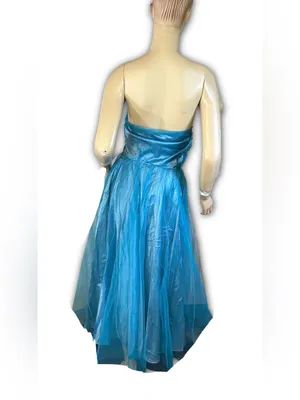 Vintage 1950'S Turquoise Blue Satin & Tulle Strapless Party Dress (Xs) thumbnail 7
