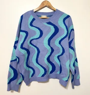 Altar’d State Waves Abstract Sweater Size Medium Blue Purple Funky Retro Cowgirl thumbnail 1
