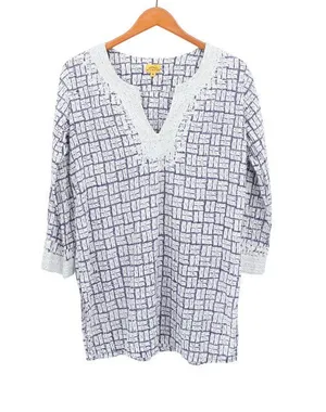 Roberta Roller Rabbit Tunic Top Blue White Print Silver Embroidered V-neck M thumbnail 1