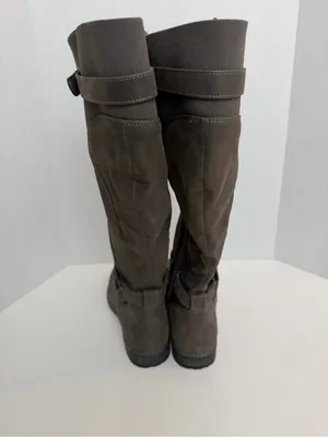 Torrid Boots Strappy Knee Faux Oil Suede Leather Buckles Tall Extra Wide Grey thumbnail 3