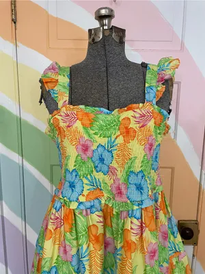 NWOT Ruffle Butts Women’s Hawaiian Floral Smocked Cotton Sun Dress Sz L 💛🎀 thumbnail 4