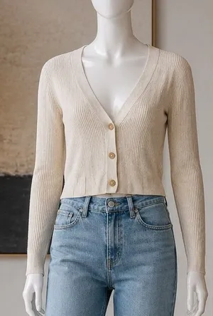 Uniqlo Women Cardigan Ribbed V-Neck Button Front Beige Small thumbnail 1