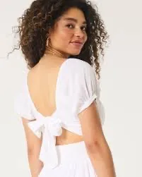 Hollister white babydoll midi dress with slit and tie back thumbnail 2