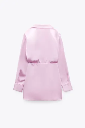 ZARA mini dress satin effect drapped long sleeve pink party wedding coctail thumbnail 6