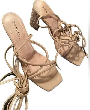 NIB Zelaproxy Women's Tan Strappy Lace up Glitter Chuncky Block Heels. Size:8 thumbnail 1