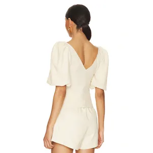Free People Cupcake Ruched Textured Jersey Puff Sleeve V-Neck Blouse Ivory XS thumbnail 4