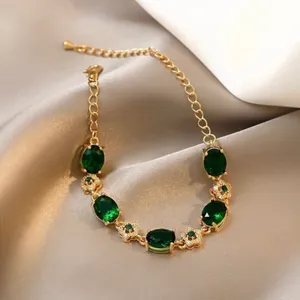 18K Gold Plated Green Crystal Emerald Charm Bracelet for Women thumbnail 4