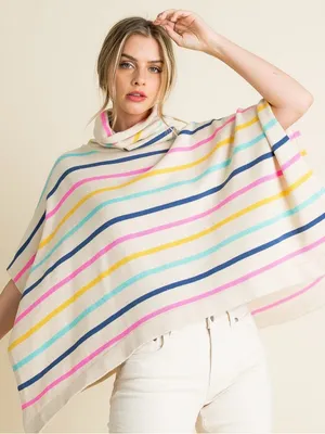 NWT THML Juliana‎ Striped Colorful Turtleneck Poncho Wool Blend Sweater thumbnail 2