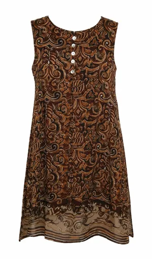 Vintage Brown Paisley Shift Dress Sheer Overlay Sleeveless Lagenlook Boho Midi thumbnail 1