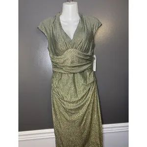 Maggy London Dress Womens 4 Gold Metallic Chevron Ruched V Neck Sheath Midi thumbnail 2